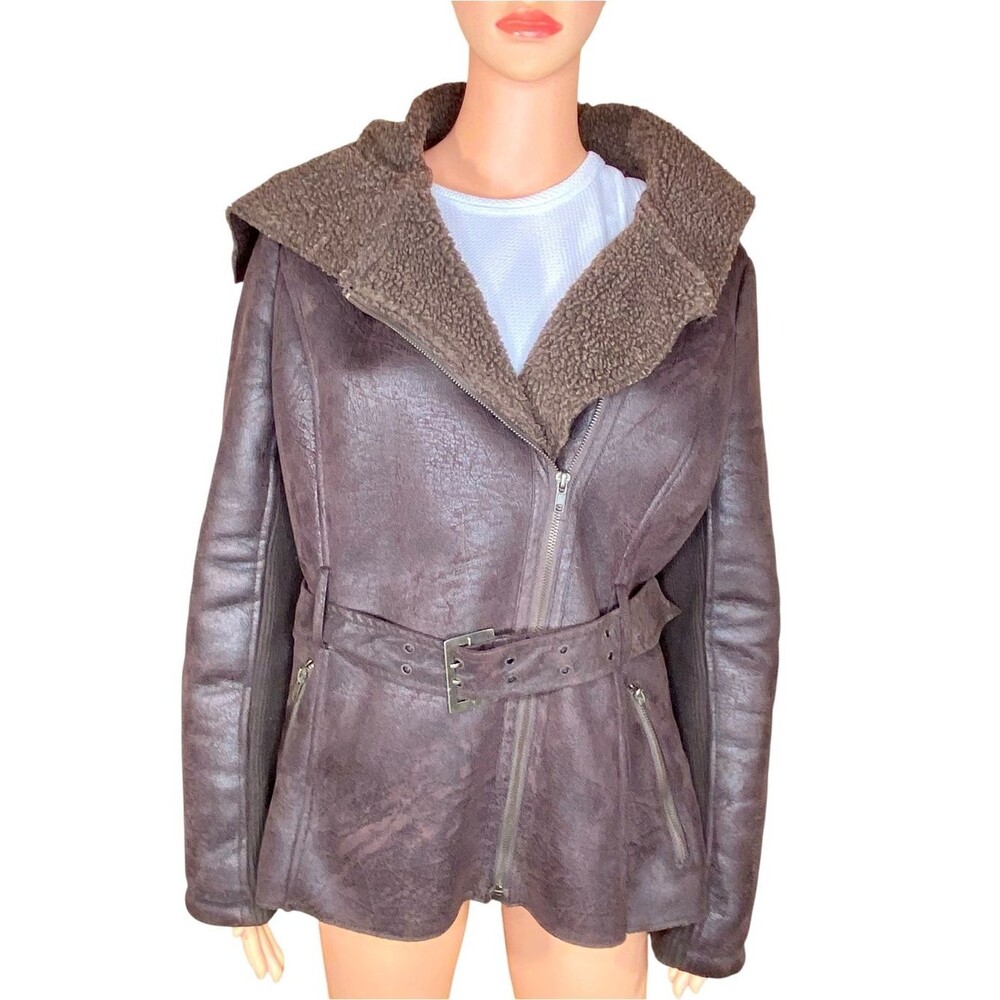 Attention Brown Faux Leather AviatorJacket Belted Moto Bomber Hooded Coat SZ LG